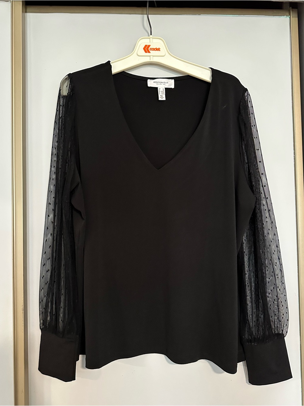 Addition Elle Black V-Neck Sheer Dot Sleeve Blouse